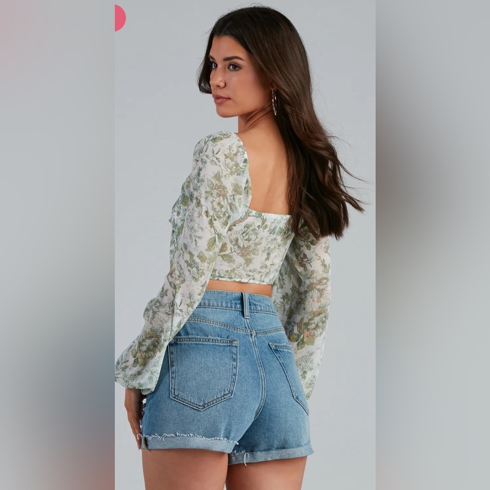 Windsor Pastel Green Long Sleeve Tie Front Cropped Blouse Top - Picture 2 of 5
